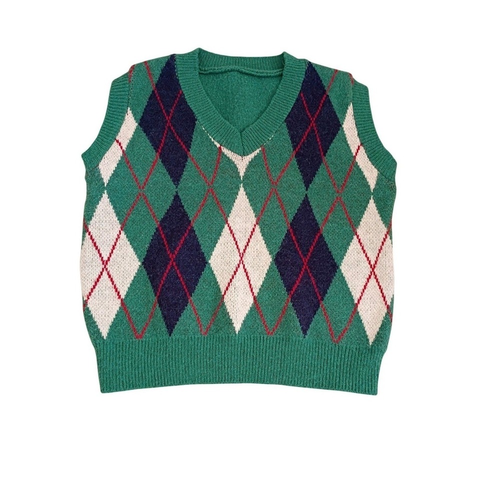 Vintage Argyle Sweater Vest Green Navy V-Neck Sleeveless‎ Knit Preppy Academic